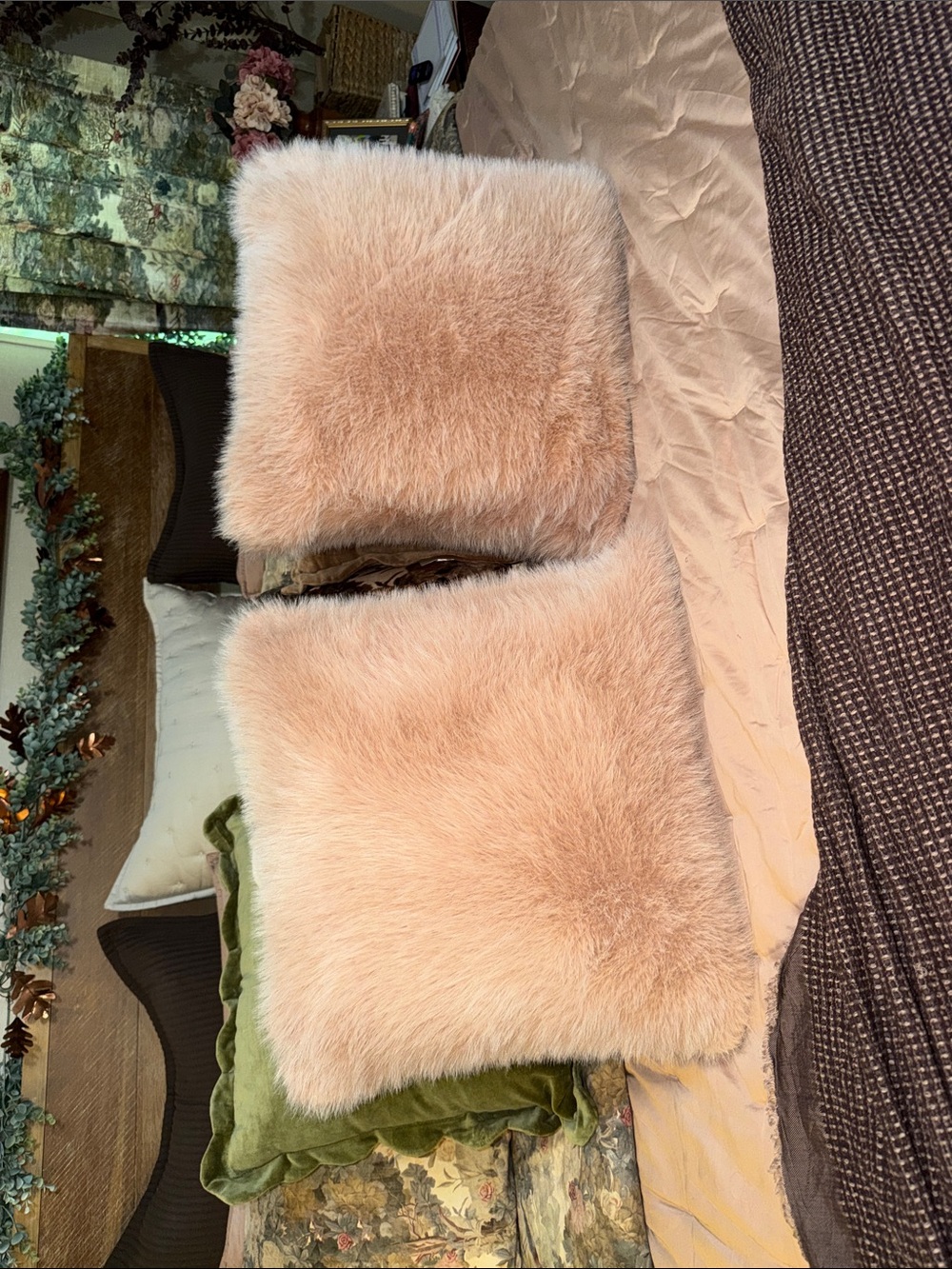 Anthropologie Blush Faux Fur Throw Pillows - Set of 2
